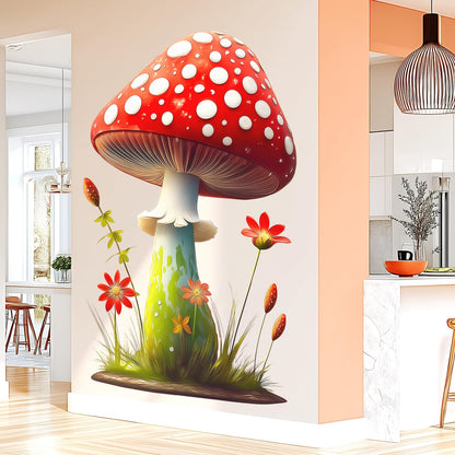 Cute Red Mushroom Wall Decals with Flowers and Grass, Peel and Stick Wall Stickers for Kids Room Nursery Baby Bedroom Playroom, Whimsical Forest Themed Wall Art Decor for Toddler Boys Girls