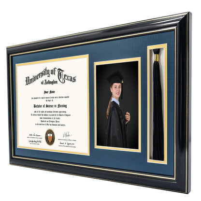 GraduationMall 11x22 Black Diploma Frame with Tassel Holder and Picture for 8.5x11 Certificate 5x7 Photo,Tempered Glass,Navy over Gold Mat