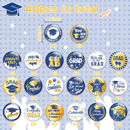 Dvbonike 40Pcs Graduation Button Pins, Class of 2024 Round Badges for Congrats Grad, Graduation Ceremony Party Gifts Supplies Blue and Gold Clothing Bag Decoration for College School Students