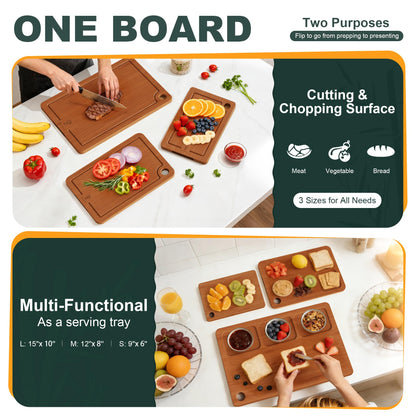 Bamboo Cutting Boards for Kitchen, 3-Piece Set with Juice Grooves, Side Handles & Non-Slip Mats – Durable Bamboo Chopping Board for Meat, Vegetables and Fruits Ideal Kitchen Gifts