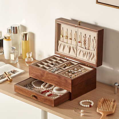 Homruilink Wooden Jewelry Box for Women, 3 Level Multi-functional Drawers Black Walnut Jewelry Organizer Box, Watch, Necklace, Ring, Earring Storage, Fathers Day Gift (With Mirror B)
