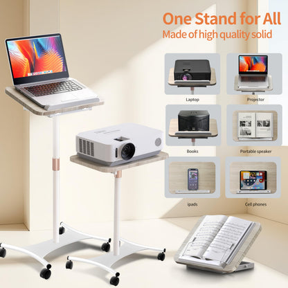 YUMFUN Rolling Laptop Floor Stand, Dual-Purpose for Desk & Floor, Adjustable Height from 16.5" to 51", with 4 Lockable Casters & Book Page Clips, Portable Laptop Stand (White Ash Finishing)