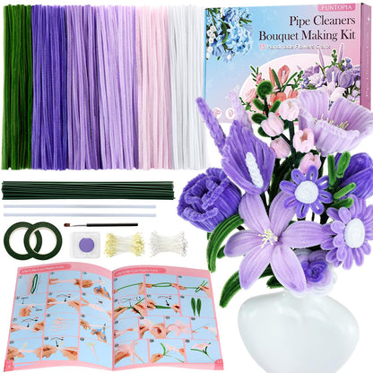Funtopia Pipe Cleaner Flowers, 540 Pcs Pipe Cleaners Craft Bulk, Pipe Cleaner Flower Kit with Instruction, Chenille Stems for Flower Making, DIY Bouquets and Party Decorations (Purple, 12in x 7mm)