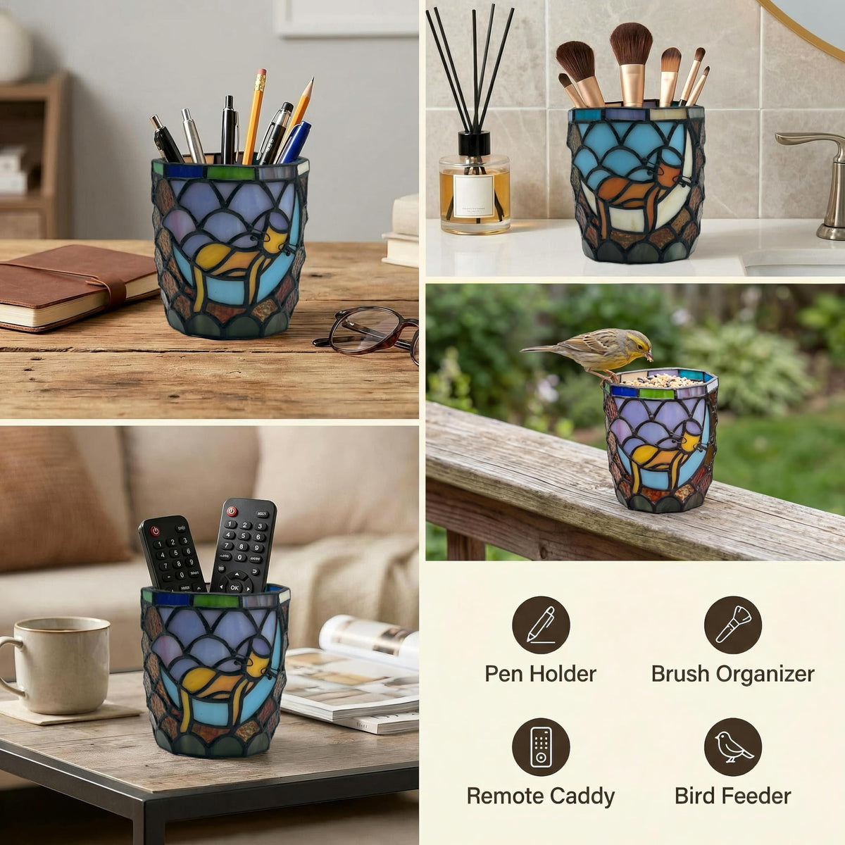Entlityful Stained Glass Hanging Cat Planter Pot, Orange Sleeping Cat Small Hanging Plant Pots Indoor, Blue Moon Flower Pot Plant Gifts