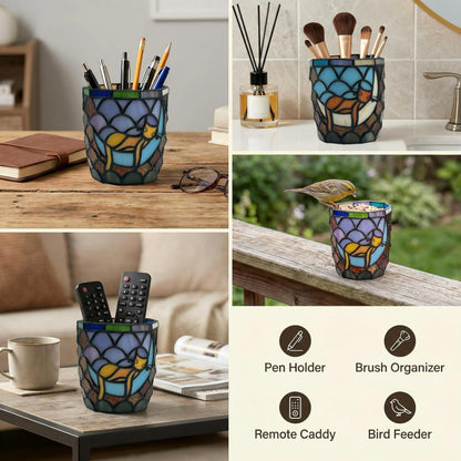 Entlityful Stained Glass Hanging Cat Planter Pot, Orange Sleeping Cat Small Hanging Plant Pots Indoor, Blue Moon Flower Pot Plant Gifts