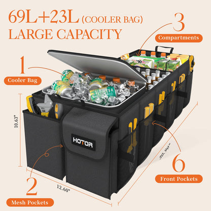 HOTOR Trunk Organizer, Sturdy Foldable with Cooler for Car & SUV, 3 Compartments, Black, 30.90”×12.60”×10.63”