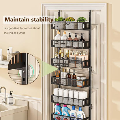 6-Tier Over The Door Pantry Organizer with Mesh Baskets, Adjustable & Stable Hanging Spice Rack for Kitchen, Bathroom, Bedroom, and Baby Essentials Storage (16" W 6-Tiers, Black)