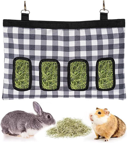 Rabbit Hay Feeder Bag, Large Capacity Rabbit Hay Bag Small Animal Hanging Hay Bag 600D Oxford Cloth Bunny Hay Feeder Bag for Rabbits Guinea Pigs Chinchillas (Plaid-4 Holes-1Pcs)