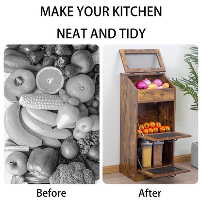TDLEAYYD Potato Storage Bin Wooden Bread Box, Mid Century Modern Vegetable Storage Box with Lid, Farmhouse Potato and Onion Storage Cabinet for Kitchen,Brown