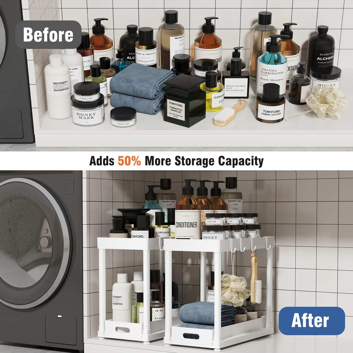 2PC Under Sink Organizer Rack 2 Tier Under Sliding Cabinet Basket Organizer Drawer with 4 Hooks, Multi-purpose Under Sink Storage for Bathroom Kitchen Desktop（Black）