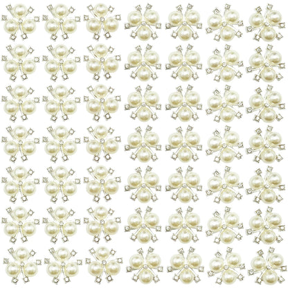 BETITETO 50Pcs Pearl Rhinestone Charms Buttons Embellishments Bulk Flatback for Shoe Decoration Jewelry Making Clothes Brooch Headbands and Wedding Flower Bouquet Crafts DIY (#1 Silver Alloy)