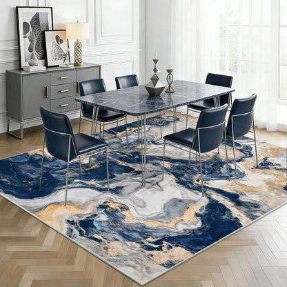 Yinhua Marble Rug 5x7, Blue and Gold Washable Rug Non Slip, Soft Faux Wool Modern Rugs Non Shedding, Low Pile Abstract Area Rugs Non Skid, Stain Resistant Floor Carpet for Living Room Bedroom Office