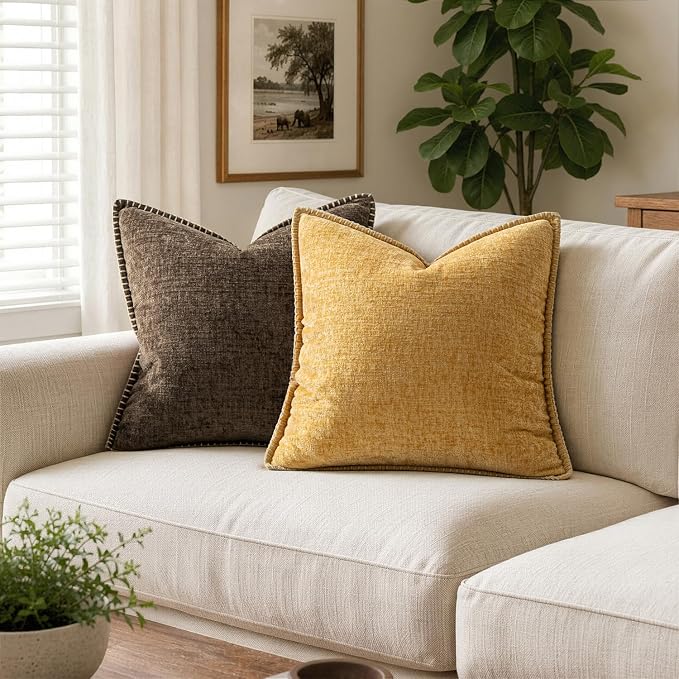 MIULEE Pack of 2 Summer Couch Throw Pillow Covers 20x20 Inch Gold Mustard Yellow Farmhouse Decorative Pillow Covers with Stitched Edge Soft Chenille Solid Dyed Pillow Covers for Sofa Bed Living Room