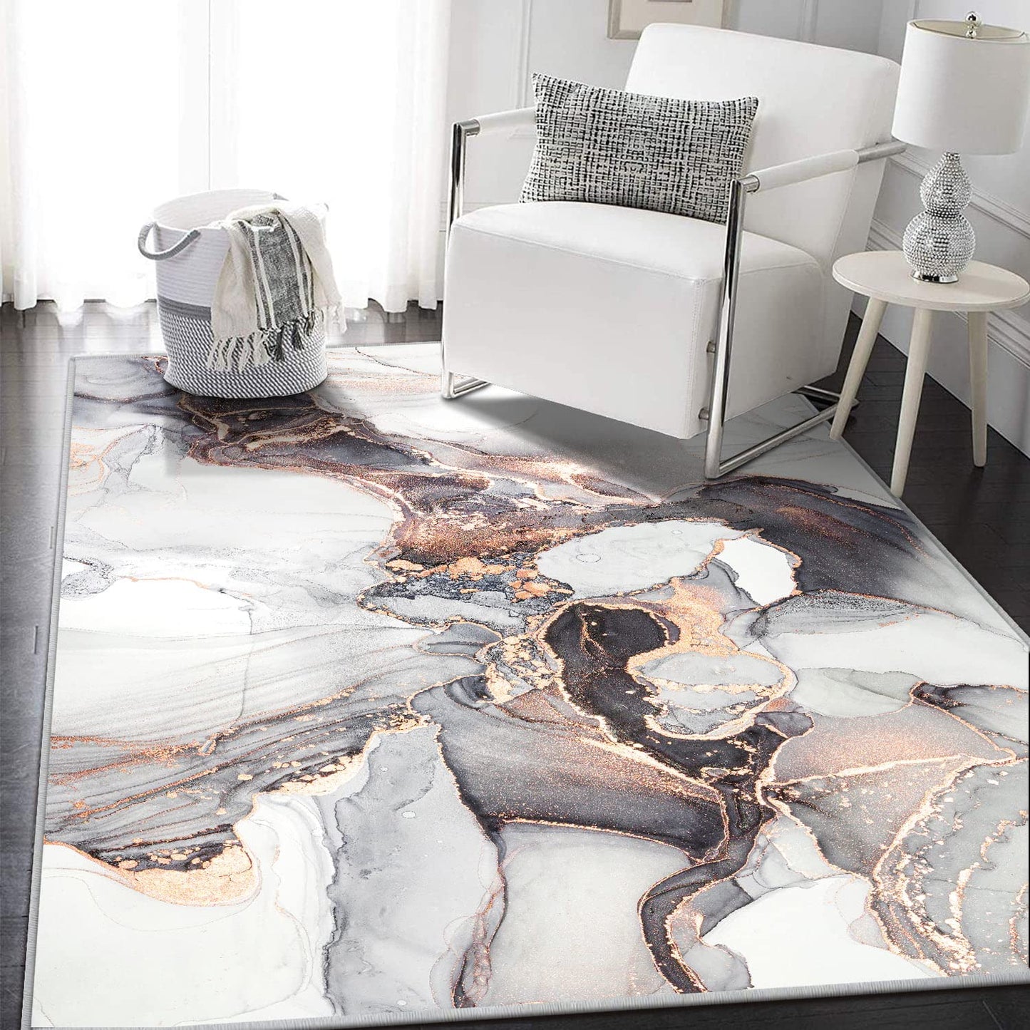 Modern Abstract Collection Area Rug - 3' x 5' Washable Entryway Rug Non-Slip Luxury Marble Texture Area Rug for Bedroom Dining Room Home Office Decor Under Kitchen (Pink/Gray)