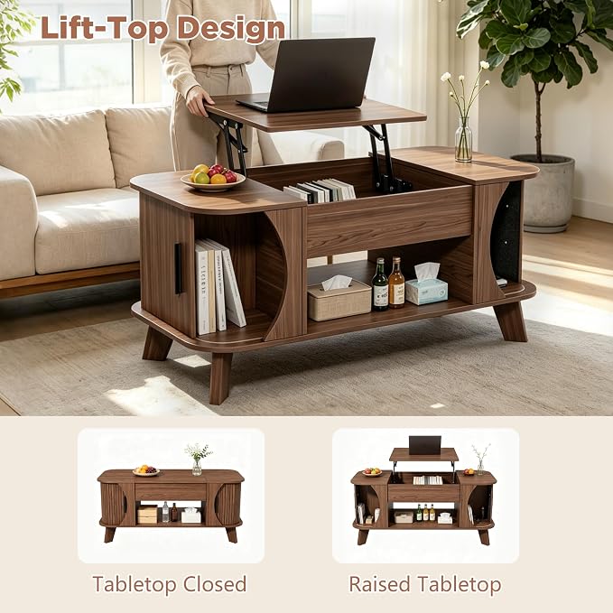 Lift Top Coffee Table with Storage, Wood Tabletop Center Table with Large Storage Shelf, Mid Century Modern Coffee Table for Living Room