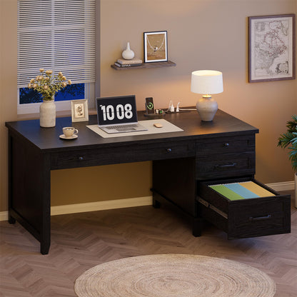 GarveeHome Farmhouse Executive Desk with Drawers, 53.54 in Home Office Desk with Charging Station, Wooden Computer Desk with File Cabinet Storage for Work Study Writing, Rustic Black