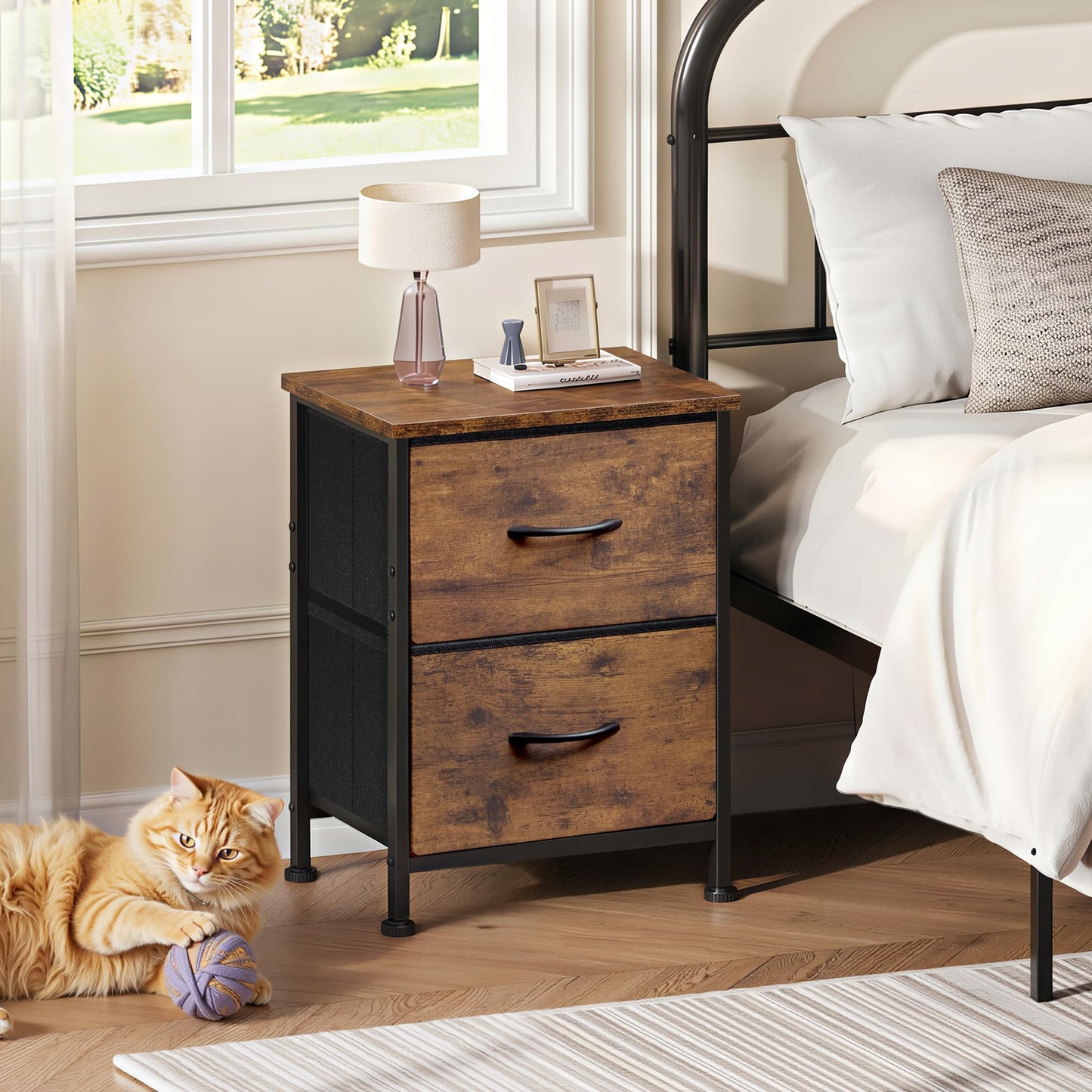 WLIVE Night Stand, Small Dresser with 2 Drawers & Wooden Top, Nightstand with Fabric Bins, Bedside Table End Table for Bedroom, Closet, Entryway, College Dorm, Rustic Brown