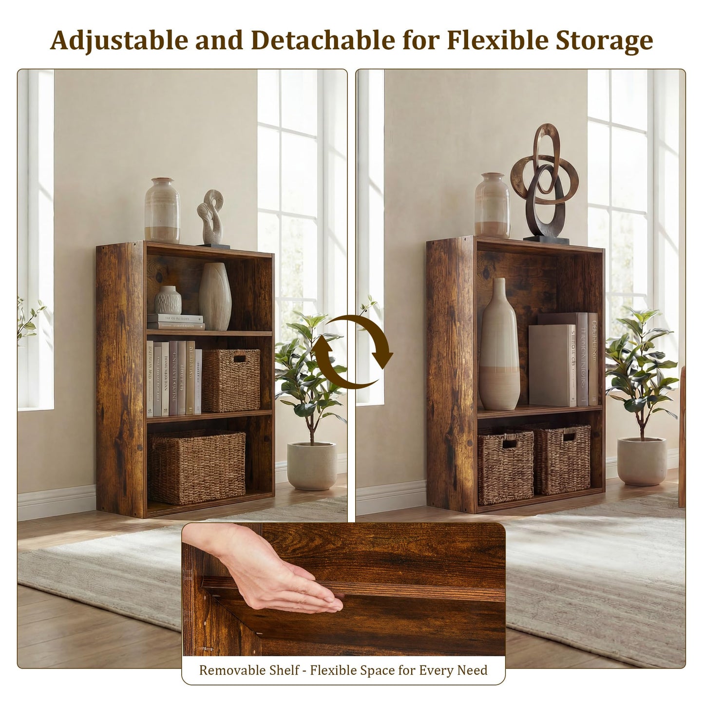 Alpen Bookshelf, 3 Shelf Bookcase Floor Standing Shelves for Bedroom, Short Bookshelf with Storage Adjustable Bookshelf Furniture for Home Office, Living Room, Nursery, Rustic Brown
