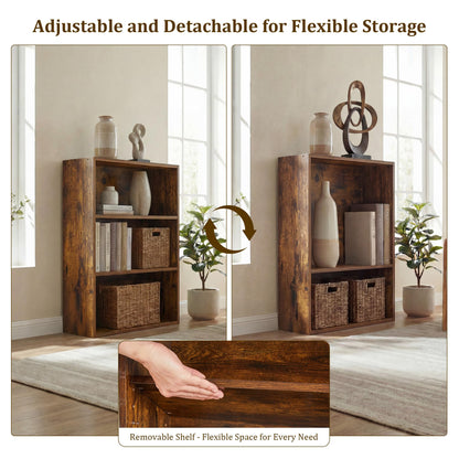 Alpen Book Shelf, 3 Shelf Bookcase Floor Standing Shelves for Bedroom, Wooden Short Bookshelf with Storage Adjustable Small Bookshelf for Small Spaces, Living Room, Rustic Brown