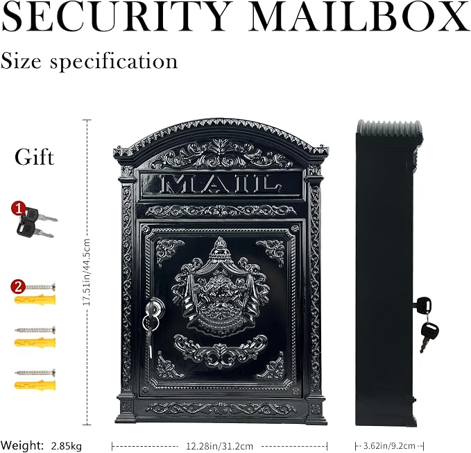 Vintage Mailboxes for Outside – Large Lockable Outdoor Mailbox, Weatherproof Metal Mail Box for Outside House, Cast Aluminum Decorative Mailbox for House, Post Mount for Fence(12.28"x17.51"x3.62")