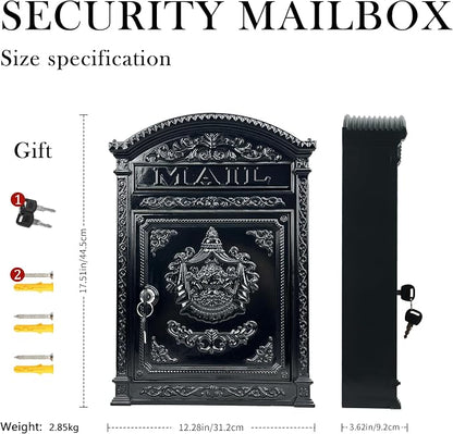 Vintage Mailboxes for Outside – Large Lockable Outdoor Mailbox, Weatherproof Metal Mail Box for Outside House, Cast Aluminum Decorative Mailbox for House, Post Mount for Fence(12.28"x17.51"x3.62")