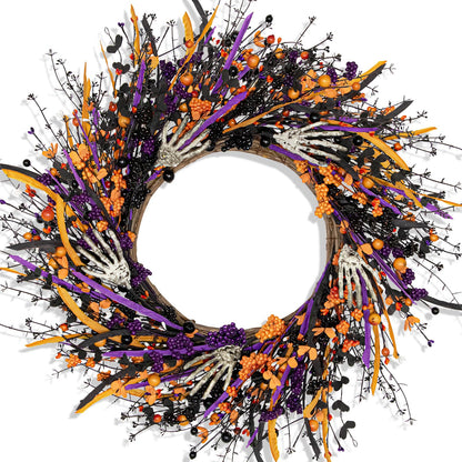 VioletEverGarden Halloween Wreaths for Front Door 22 Inch Skeleton Black Wreath Handmade Halloween Door Wreath with Purple and Orange Berries for Gothic Decorations
