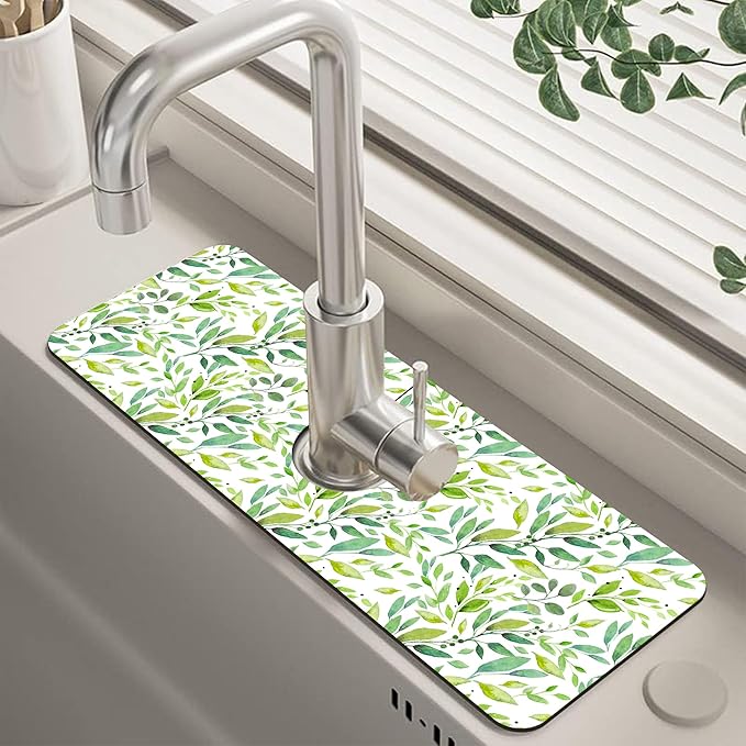 Tropical Eucalyptus Leaves Kitchen Sink Splash Guard Mat Absorbent Fast Drying