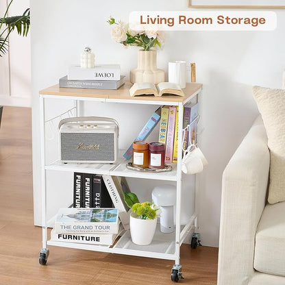 Rolling Kitchen Microwave Cart, 3 Tier Microwave Stand with Storage, Small Kitchen Island on Wheels, Wood and Mental Kitchen Shelf Rack, White Organizer for Living Room, Office, Balcony