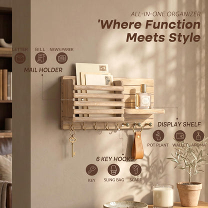 Rebee Vision Pine Wood Key Holder Wall Mount for Home Decor -Farmhouse Key Holder For Wall with 8 Hooks for Hats - Rustic Wall Mount with Floating Shelf for Small Plants（Natural Wood ）