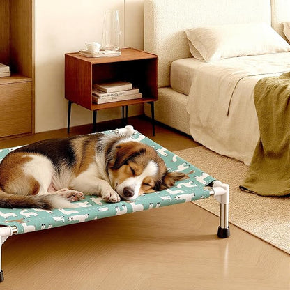 Cute Alpaca Print Elevated Dog Bed - Portable Cooling Pet Cot for Medium Dogs - Breathable Thickened Fabric Hammock, Crate Compatible, Indoor & Outdoor Use