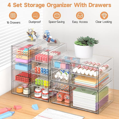 Makeup Drawer Storage Organizer with 16 Drawers, 4 Set Acrylic Office Desk Organization and Storage, Dustproof Drawer Organizer for Makeup, Office, Countertop, Jewelry, Pen, Desktop, Bathroom, Bedroom