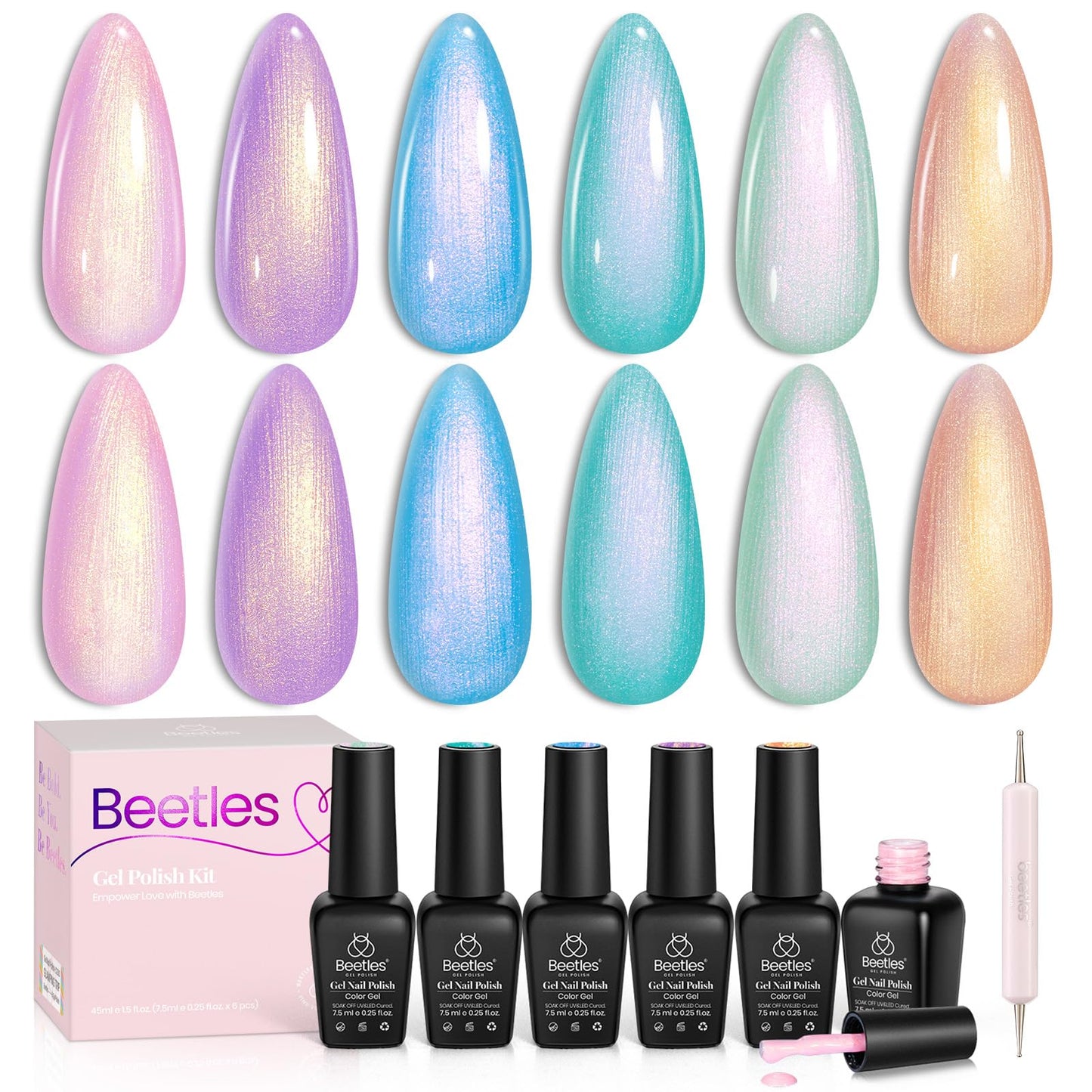 Beetles Cat Eye Gel Nail Polish Set, 6 Summer Colors Pastel Shimmer Glitter Gel Polish Kit Soak Off LED UV Curing Requires Pink Red Blue Orange Green Purple Velvet Gel with Magnet Gift for Women