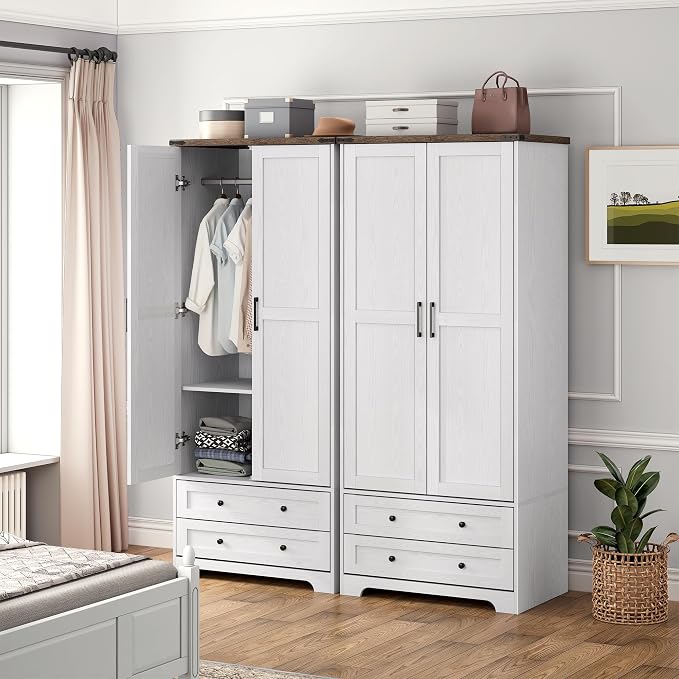 Brafab Armoire Wardrobe Closet with 2 Modern Doors Set of 2, 71" Tall Freestanding Closet Wardrobe Cabinet with Drawers and Hanging Rail, Light Wooden Storage Cabinet with Shelve for Bedroom, White