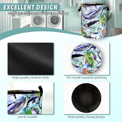 Colorful Whale Laundry Hamper Cute Ocean Octopus Laundry Basket