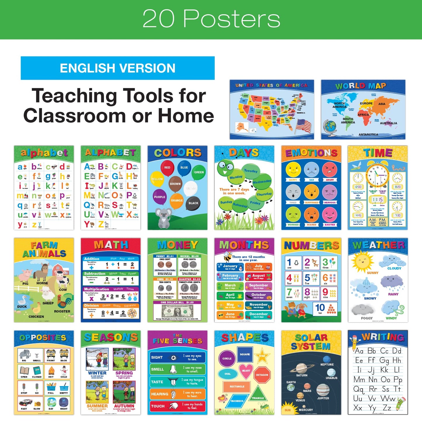 Global Printed Products, 20 Large Educational Posters For Kids (16.5x12 Double Sided English/Spanish) Alphabet Colors Letters Numbers Shapes Months Days Weather Time Animals Solar System Seasons Map