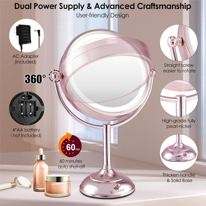 Professional 8.5" Large Lighted Makeup Mirror with Brighter Lights, 1X/10X True HD Magnifying Mirror with 3 Color Dimmable Lights, 90 Shadowless LEDs, 360°Swivel Seamless Vanity Mirror, Pearl Nickel