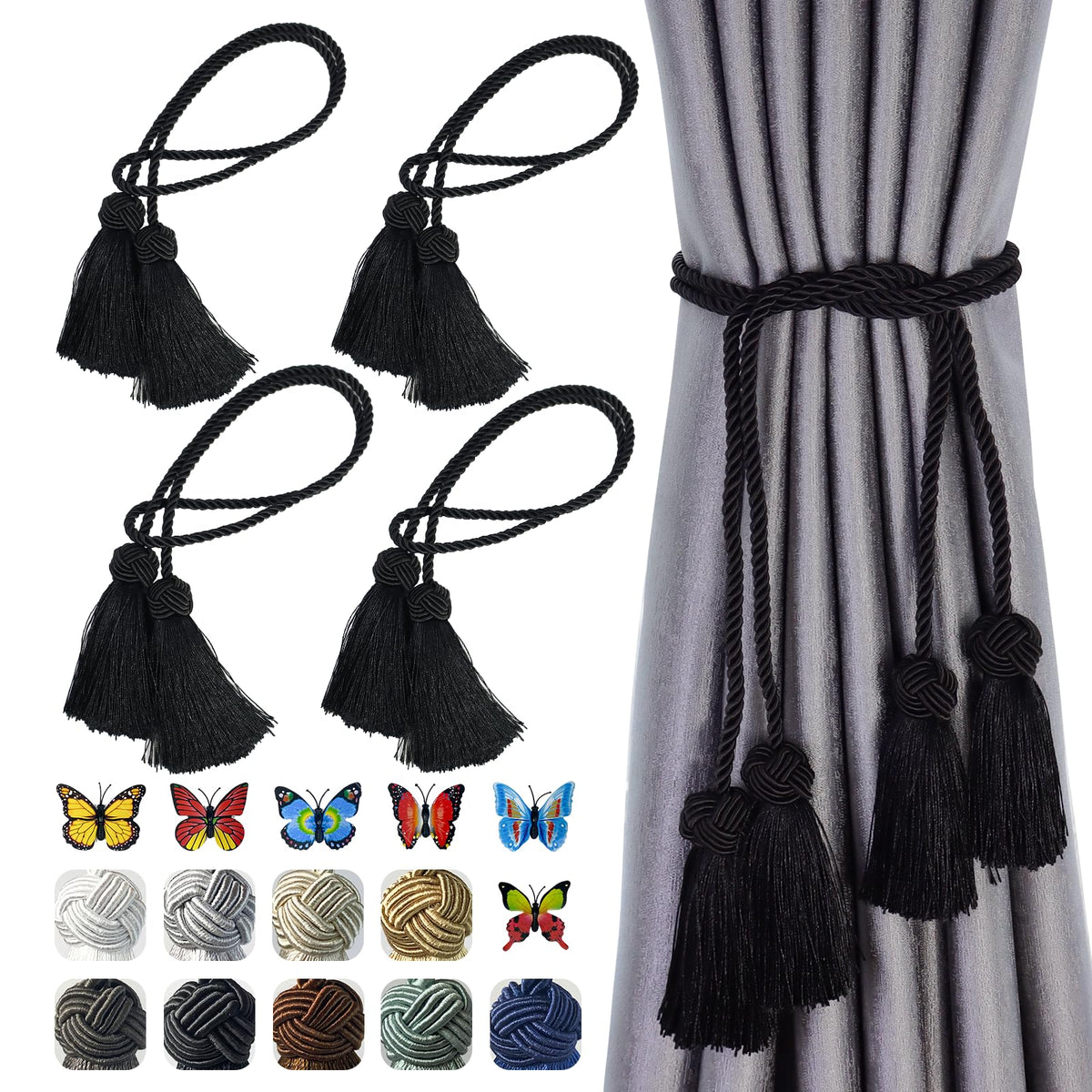 4 Pack Curtain Tassel Tiebacks, Curtains Tie Back Rope with Tassels, Handmade Decorative Curtain Holdbacks for Window Drapes - Black
