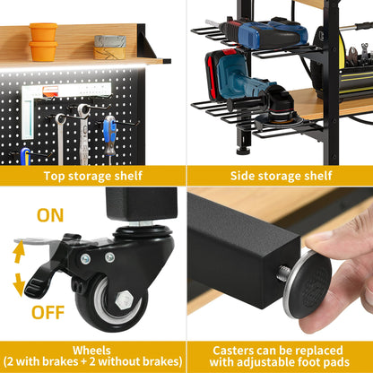DWVO 47.2" Adjustable Height Workbench with Pegboard and Storage Shelf, Heavy Duty Work Bench with Wheels, Load 1100lb, Work Table with AC/USB Outlet, LED Light, Hooks, for Garage, Workshop, Home