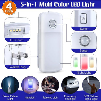 Enhon Emergency Power Failure Night Lights, 5-in-1 Multi Color LED Light, Rechargeable Flashlight with Foldable Plug, Automatic On Off Motion Sensor for Bedrooms, Hallways, Black Outs (4 Pack)