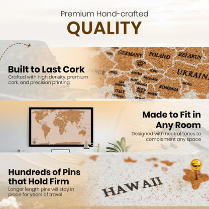 Large Push Pin World Travel Map – 30" x 20" Framed Cork Board Wall Art, Modern World Map with 200 Unique Pins for Tracking Adventures, A Premium Gift for Travelers, Couples and Families