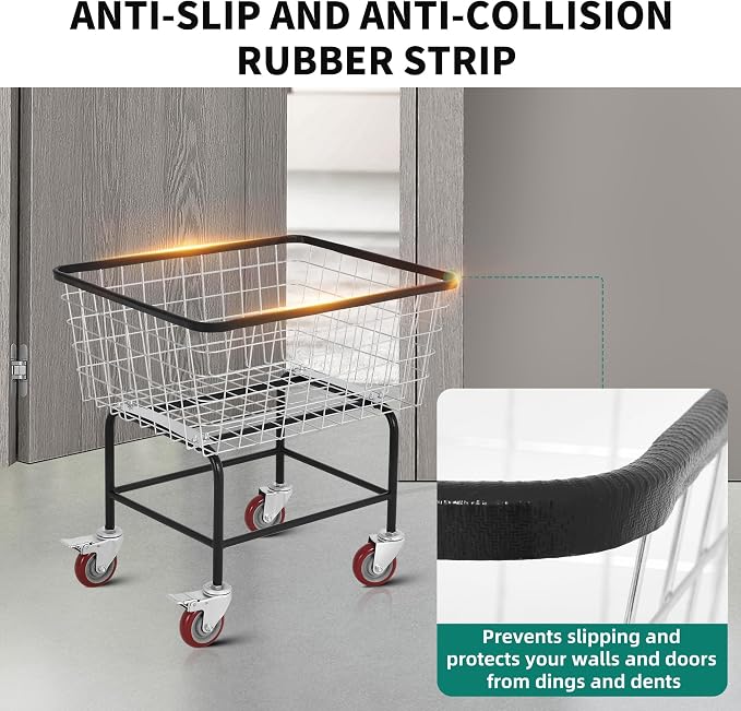 Extra-Large Rolling Laundry Cart with Wheels Holds 4 Washer Loads, Wire Laundry Basket, Heavy-Duty Steel Storage Basket with Galvanized Finish, for Commercial or Home Laundry