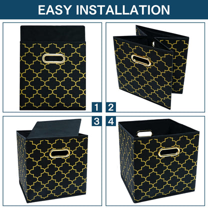 Yunkeeper Fabric storage bins Cubes, Fabric Cube Organizer with Handle, Foldable Cube Bins for Cloth or Accessary Storage, 11x11x11, Set of 3, (Black Gold)