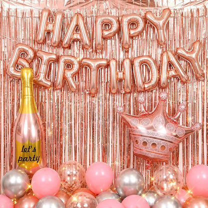 Ckhoid 60PCS Birthday Party Decoration Rose Gold Party Backdrop with Happy Birthday Banner Pink Fringe Curtain Foil & Confetti Crown Wine Bottle Lipstick Birthday Balloons for Women Birthday Party