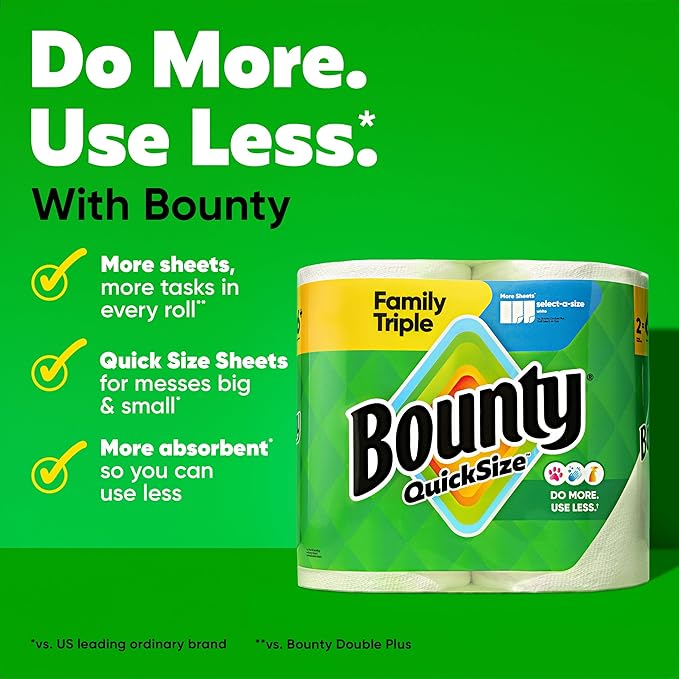Bounty Quick-Size Paper Towels, 8 Family Triple Rolls = 27 Regular Rolls