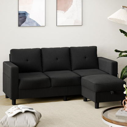 Shintenchi Modern Upholstered Sectional Sofa, L-Shaped Couch with Storage Ottoman and Reversible Chaise for Living Room, Black Corduroy Fabric