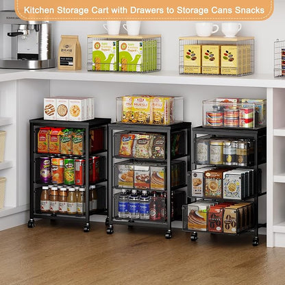 Pantry Organizer and Storage Cart, 3-Tier Kitchen Storage Cart with Drawer, Fruit Vegetable Storage Cart with Wheels, Wooden Top Metal Wire Kitchen Organizer Rack Stand for Food Snack Onion Potato