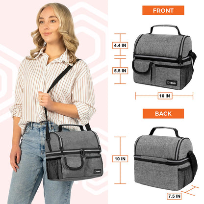 opux Insulated Lunch Bag Women Men, Dual Compartment Leakproof Lunch Box Adults Kids, Double Decker Meal Prep Bento Lunch Cooler Tote with Shoulder Strap for Work Office School Travel, Gray