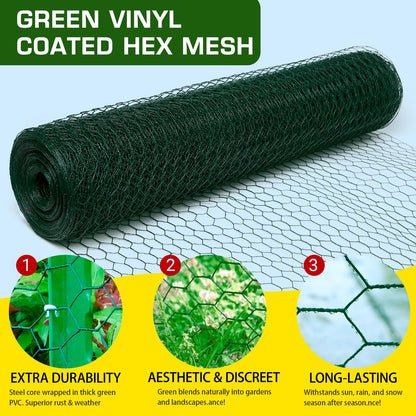 Yardbliss Chicken Wire12inx150ft, Premium Chicken Wire Fencing, Chicken Wire Mesh, Green PVC Coated Metal Wire Fence, Galvanized Poultry Netting Barrier for Floral Arrangements/Craft Projects//Rabbit