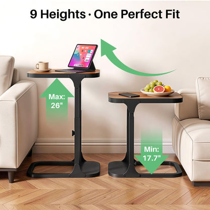 Kitstorack Ultra Stable & Durable End Table, Ajustable Height C Shaped Side Table for Couch, Sofa Side Table with Thickened Metal Frame for Living Room, Bedroom, Rustic