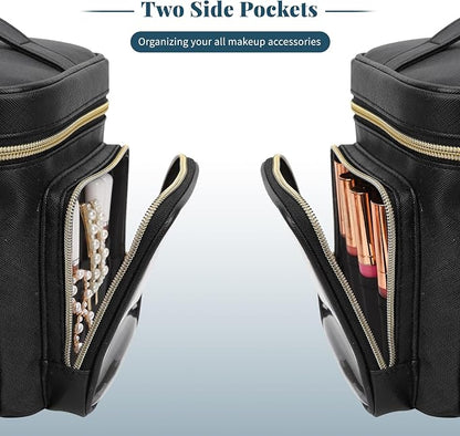 Large Makeup Bag with LED Mirror, Travel Makeup Bag Organizer for Women Girls with Makeup Brush Compartment & Two Side Pockets, 3 Color Lights Cosmetic Toiletry Bag- Leather Black